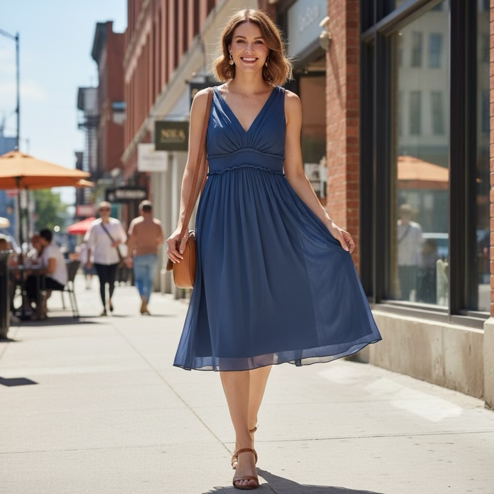 Laundry by Shelli Segal Elegant Blue V-Neck Midi Dress - Picture 4 of 5